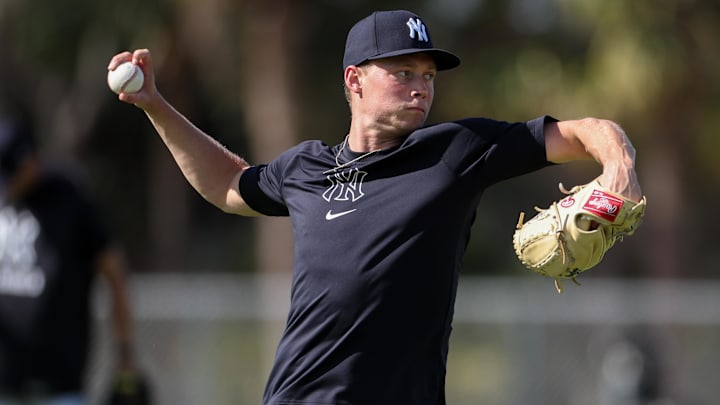 Feb 15, 2025; Tampa, FL, USA; New York Yankees pitcher Will Warren (98) participates in spring training workouts at George M. Steinbrenner Field.