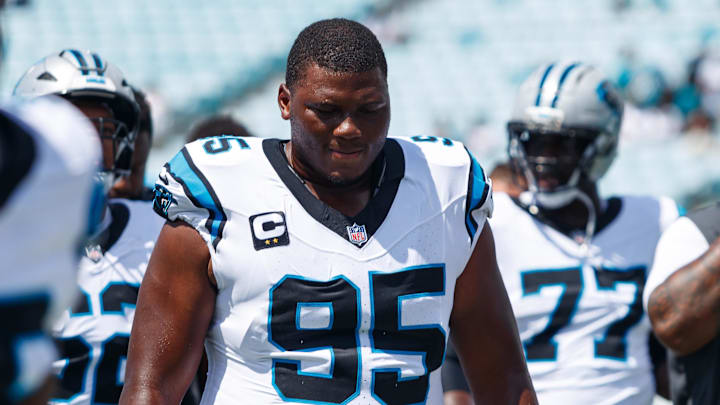 Sep 7, 2025; Jacksonville, Florida, USA; Carolina Panthers defensive end Derrick Brown (95) against the Jacksonville Jaguars at EverBank Stadium. Mandatory Credit: Morgan Tencza-Imagn Images Sep 7, 2025; Jacksonville, Florida, USA; Carolina Panthers defensive end Derrick Brown (95) against the Jacksonville Jaguars at EverBank Stadium. Mandatory Credit: Morgan Tencza-Imagn Images