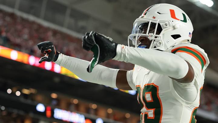 Jan 19, 2026; Miami Gardens, FL, USA; Miami Hurricanes defensive back OJ Frederique Jr. (29) celebrates after breaking up a touchdown pass against the Indiana Hoosiers in the first quarter during the College Football Playoff National Championship game at Hard Rock Stadium. Mandatory Credit: Sam Navarro-Imagn Images Jan 19, 2026; Miami Gardens, FL, USA; Miami Hurricanes defensive back OJ Frederique Jr. (29) celebrates after breaking up a touchdown pass against the Indiana Hoosiers in the first quarter during the College Football Playoff National Championship game at Hard Rock Stadium. Mandatory Credit: Sam Navarro-Imagn Images