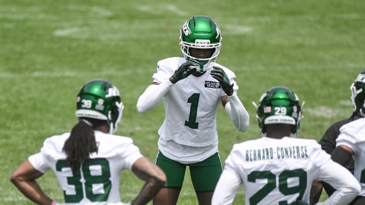 Jun 11, 2025; Florham Park, NY, USA; New York Jets cornerback Sauce Gardner (1) participates in a drill during minicamp at Atlantic Health Jets Training Center. Mandatory Credit: John Jones-Imagn Images