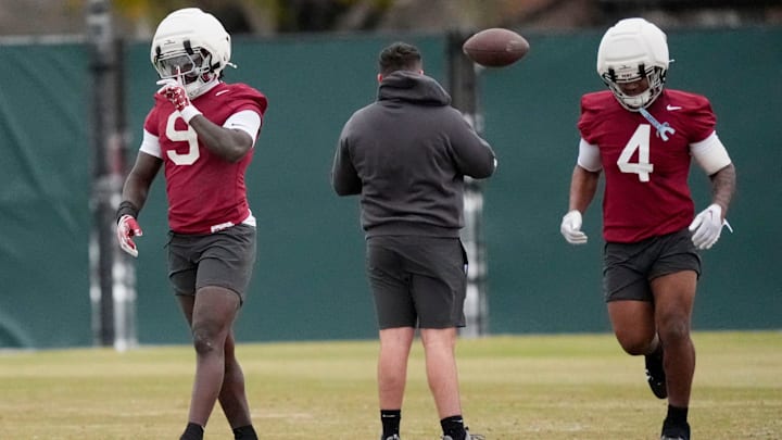 Mar 5, 2025; Tuscaloosa, AL, USA; Running backs Richard Young (9) and Daniel Hill (4) moved between drills during Spring Practice for the Crimson Tide.
