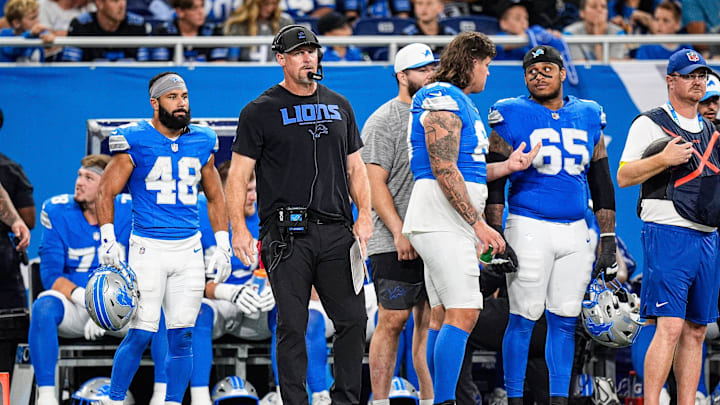 Detroit Lions head coach Dan Campbell watches a play against Houston Texans during the second half at Ford Field in Detroit on Saturday, August 23, 2025.