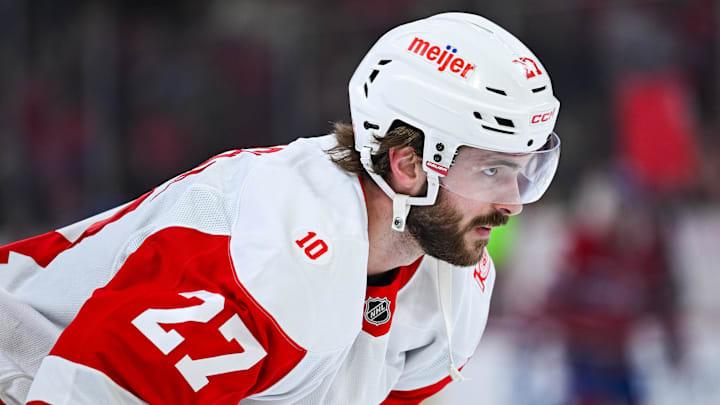 Jan 10, 2026; Montreal, Quebec, CAN; Detroit Red Wings center Michael Rasmussen (27) looks on during warm-up before the game against the Montreal Canadiens at Bell Centre. Mandatory Credit: David Kirouac-Imagn Images