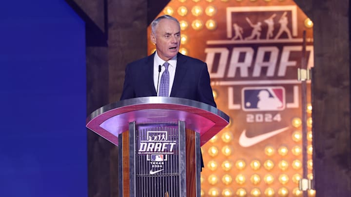 Jul 14, 2024; Ft. Worth, TX, USA; MLB Commissioner Rob Manfred during the first round of the MLB Draft at Cowtown Coliseum. Mandatory Credit: Kevin Jairaj-Imagn Images Jul 14, 2024; Ft. Worth, TX, USA; MLB Commissioner Rob Manfred during the first round of the MLB Draft at Cowtown Coliseum. Mandatory Credit: Kevin Jairaj-Imagn Images