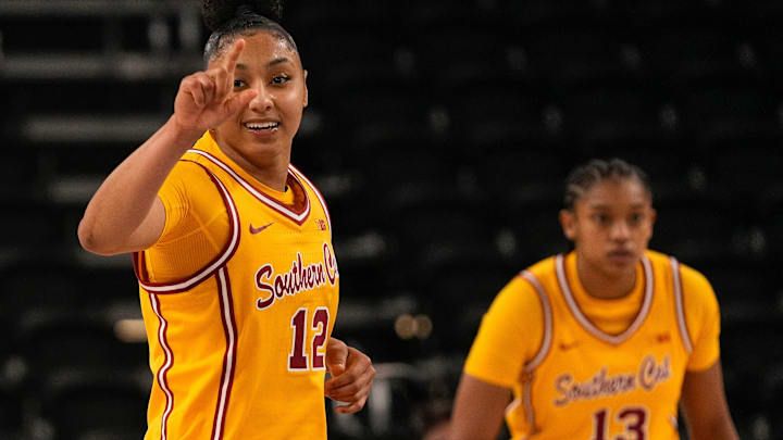 JuJu Watkins, 12, of USC celebrates a basket late in the game against St. Louis University during the 2024 Acrisure Women's Holiday Invitational in Palm Desert, Calif., Nov. 29, 2024. JuJu Watkins, 12, of USC celebrates a basket late in the game against St. Louis University during the 2024 Acrisure Women's Holiday Invitational in Palm Desert, Calif., Nov. 29, 2024.