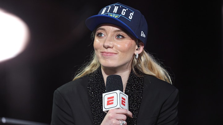 Apr 14, 2025; New York, New York, USA; Paige Bueckers is interviewed by ESPN after being selected with the number one overall pick to the Dallas Wings in the 2025 WNBA Draft at The Shed at Hudson Yards. Mandatory Credit: Vincent Carchietta-Imagn Images
