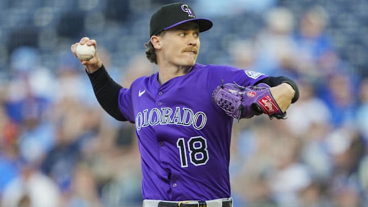 Apr 22, 2025; Kansas City, Missouri, USA; Colorado Rockies starting pitcher Ryan Feltner (18) pitches during the first inning against the Kansas City Royals at Kauffman Stadium