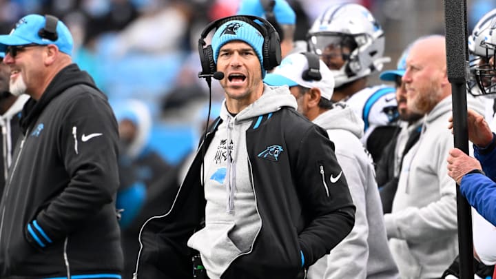 Dec 15, 2024; Charlotte, North Carolina, USA; Carolina Panthers head coach Dave Canales reacts in the fourth quarter at Bank of America Stadium. Mandatory Credit: Bob Donnan-Imagn Images