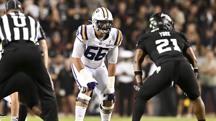 Oct 26, 2024; College Station, Texas, USA; LSU Tigers offensive tackle Will Campbell (66) lines up during the second quarter against the Texas A&M Aggies. The Aggies defeated the Tigers 38-23; at Kyle Field. Mandatory Credit: Maria Lysaker-Imagn Images. Oct 26, 2024; College Station, Texas, USA; LSU Tigers offensive tackle Will Campbell (66) lines up during the second quarter against the Texas A&M Aggies. The Aggies defeated the Tigers 38-23; at Kyle Field. Mandatory Credit: Maria Lysaker-Imagn Images.
