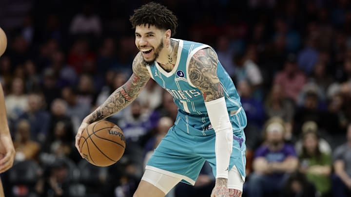 Mar 19, 2026; Charlotte, North Carolina, USA; Charlotte Hornets guard LaMelo Ball (1) smiles as he dribbles the ball during the first quarter against the Orlando Magic at Spectrum Center. Mandatory Credit: Brian Westerholt-Imagn Images Mar 19, 2026; Charlotte, North Carolina, USA; Charlotte Hornets guard LaMelo Ball (1) smiles as he dribbles the ball during the first quarter against the Orlando Magic at Spectrum Center. Mandatory Credit: Brian Westerholt-Imagn Images