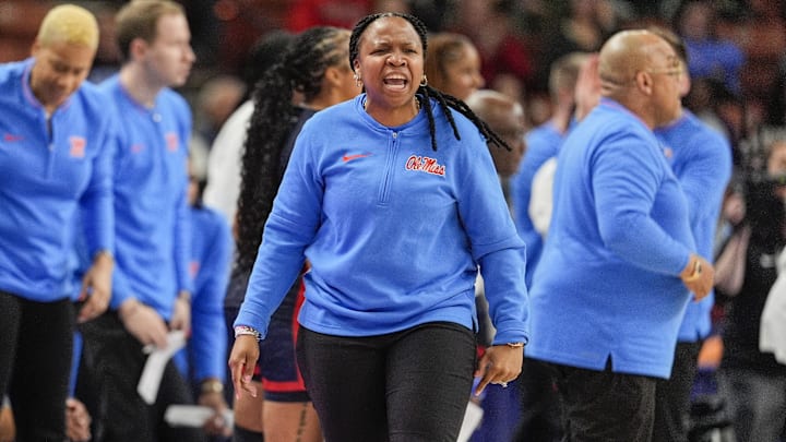 Mar 7, 2025; Greenville, SC, USA;  Ole Miss Rebels head coach Yolett McPhee-McCuin reacts to a play  during the first half against the Texas Longhorns at Bon Secours Wellness Arena. Mandatory Credit: Jim Dedmon-Imagn Images