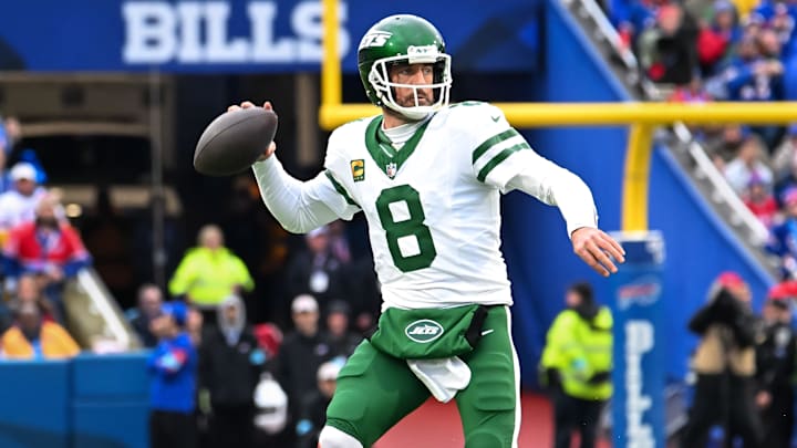Dec 29, 2024; Orchard Park, New York, USA; New York Jets quarterback Aaron Rodgers (8) throws a pass in the first quarter against the Buffalo Bills at Highmark Stadium. Mandatory Credit: Mark Konezny-Imagn Images Dec 29, 2024; Orchard Park, New York, USA; New York Jets quarterback Aaron Rodgers (8) throws a pass in the first quarter against the Buffalo Bills at Highmark Stadium. Mandatory Credit: Mark Konezny-Imagn Images
