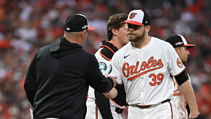 Oct 1, 2024; Baltimore, Maryland, USA; Baltimore Orioles pitcher Corbin Burnes (39) is relived against the Kansas City Royals in the ninth inning in game one of the Wild Card round for the 2024 MLB Playoffs at Oriole Park at Camden Yards. Mandatory Credit: Tommy Gilligan-Imagn Images