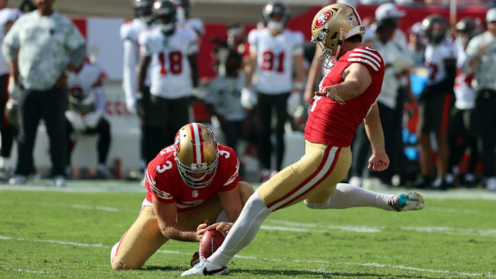 Nov 10, 2024; Tampa, Florida, USA; San Francisco 49ers place kicker Jake Moody (4) makes a field goal against the Tampa Bay Buccaneers during the second half at Raymond James Stadium. Mandatory Credit: Kim Klement Neitzel-Imagn Images