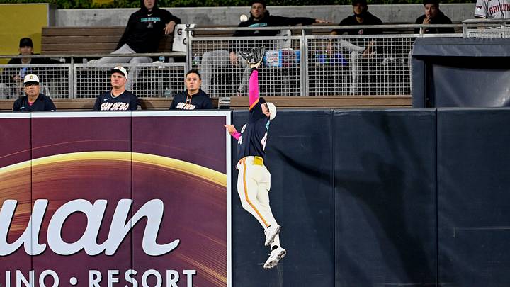 Sep 25, 2026; San Diego, California, USA;  San Diego Padres center fielder Jase Bowen (4) makes the catch on a ball hit by Arizona Diamondbacks first baseman Tim Tawa (13)  during the ninth inning at Petco Park.  Mandatory Credit: Denis Poroy-Imagn Images
