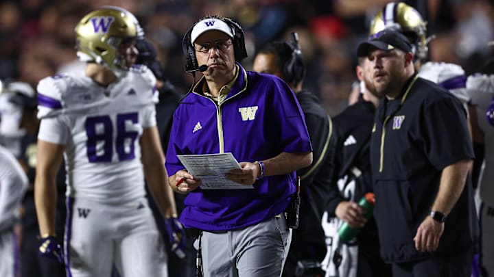 Sep 27, 2024; Piscataway, New Jersey, USA; Washington Huskies head coach Jedd Fisch looks on during the first half against the Rutgers Scarlet Knights at SHI Stadium. Mandatory Credit: Vincent Carchietta-Imagn Images