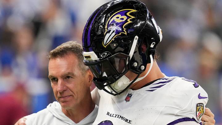 Baltimore Ravens linebacker Trey Hendrickson (91) walks off the field with Indianapolis Colts defensive coordinator Lou Anarumo on Sunday, Sept. 13, 2026, after a game against the Baltimore Ravens at Lucas Oil Stadium in Indianapolis.