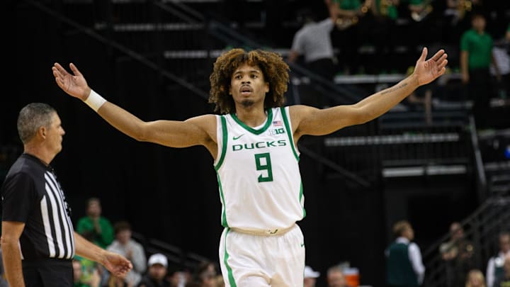 Oregon's Keeshawn Barthelemy celebrates a play against UC Riverside at Matthew Knight Arena in Eugene.
