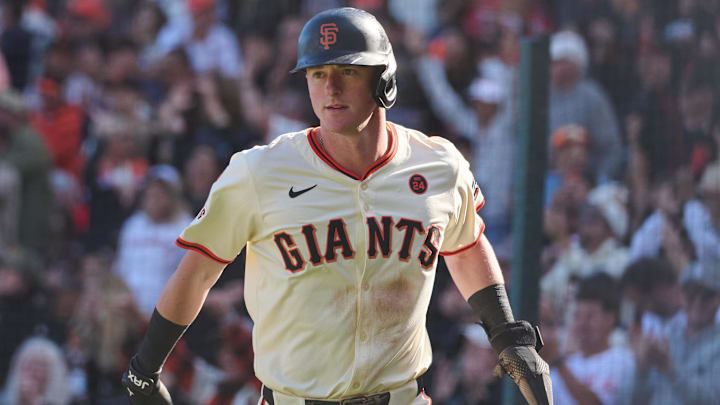 Sep 28, 2024; San Francisco, California, USA; San Francisco Giants infielder Tyler Fitzgerald (49) reacts after scoring the go-ahead run against the St. Louis Cardinals during the eighth inning at Oracle Park. Sep 28, 2024; San Francisco, California, USA; San Francisco Giants infielder Tyler Fitzgerald (49) reacts after scoring the go-ahead run against the St. Louis Cardinals during the eighth inning at Oracle Park.