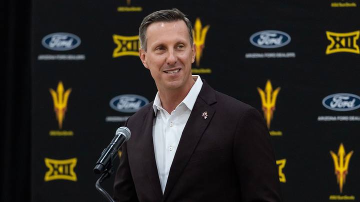 May 7, 2026; Tempe, Arizona, USA; Arizona State Sun Devils athletic director Graham Rossini speaks to the media during an introductory press conference at the Weatherup Center. Mandatory Credit: Mark J. Rebilas-Imagn Images