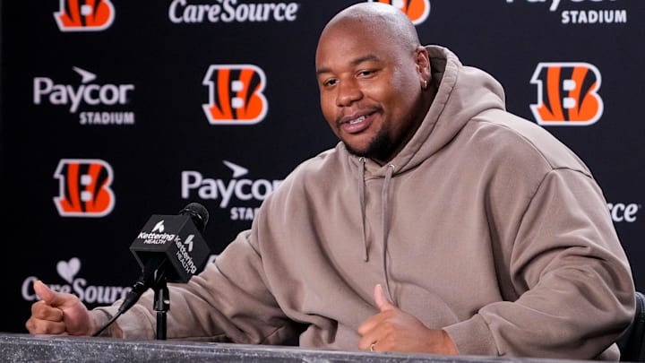Newly signed Cincinnati Bengals defense tackle Dexter Lawrence speaks in a press conference for the first time since joining the team at Paycor Stadium in Cincinnati on Monday, April 20, 2026.