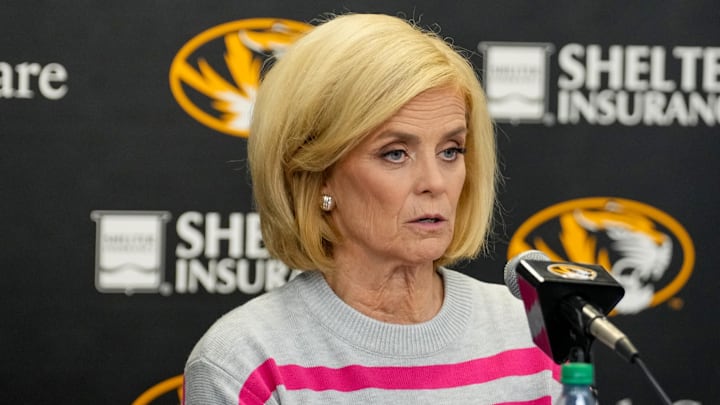 Feb 6, 2025; Columbia, Missouri, USA; LSU Lady Tigers head coach Kim Mulkey speaks to media members after the win over the Missouri Tigers at Mizzou Arena. Mandatory Credit: Denny Medley-Imagn Images