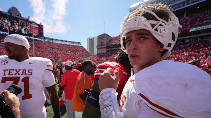 Texas Longhorns quarterback Arch Manning (16) leaves the field following the 14-7 loss to the Ohio State Buckeyes in the NCAA football game at Ohio Stadium on Aug. 30, 2025.