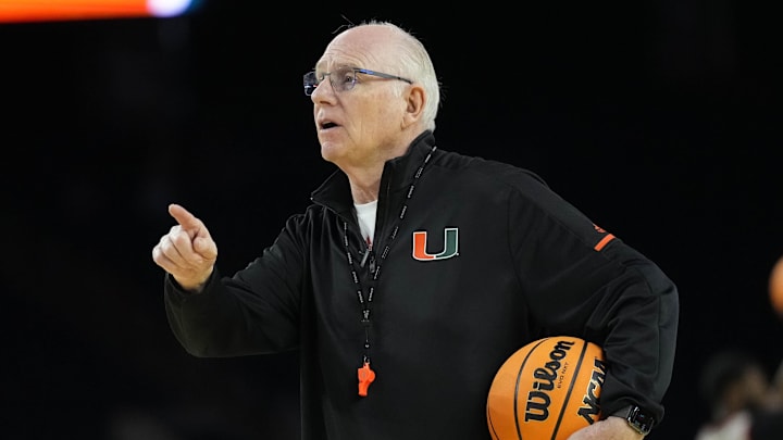 Mar 31, 2023; Houston, TX, USA; Miami Hurricanes head coach Jim Larranaga during a practice session the day before the Final Four of the 2023 NCAA Tournament at NRG Stadium. Mandatory Credit: Robert Deutsch-Imagn Images