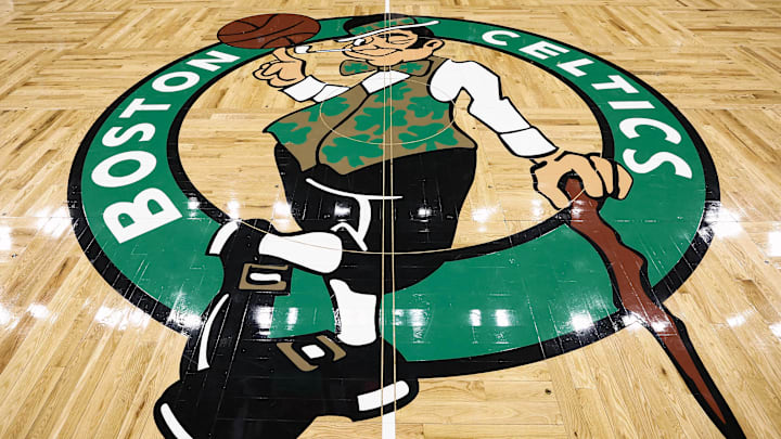 Feb 28, 2025; Boston, Massachusetts, USA; The Boston Celtics logo is seen on the court beofre the game between the Boston Celtics and the Cleveland Cavaliers at TD Garden. Mandatory Credit: Winslow Townson-Imagn Images