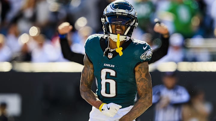Oct 27, 2024; Cincinnati, Ohio, USA; Philadelphia Eagles wide receiver DeVonta Smith (6) reacts after scoring a touchdown against the Cincinnati Bengals in the second half at Paycor Stadium. Mandatory Credit: Katie Stratman-Imagn Images