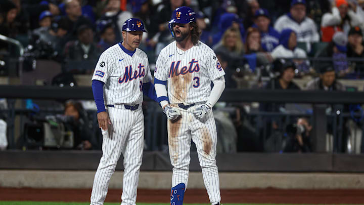 Oct 18, 2024; New York City, New York, USA; New York Mets left fielder Jesse Winker (3) reacts after hitting an RBI triple during the fourth inning against the Los Angeles Dodgers during game five of the NLCS for the 2024 MLB playoffs at Citi Field. Mandatory Credit: Vincent Carchietta-Imagn Images Oct 18, 2024; New York City, New York, USA; New York Mets left fielder Jesse Winker (3) reacts after hitting an RBI triple during the fourth inning against the Los Angeles Dodgers during game five of the NLCS for the 2024 MLB playoffs at Citi Field. Mandatory Credit: Vincent Carchietta-Imagn Images