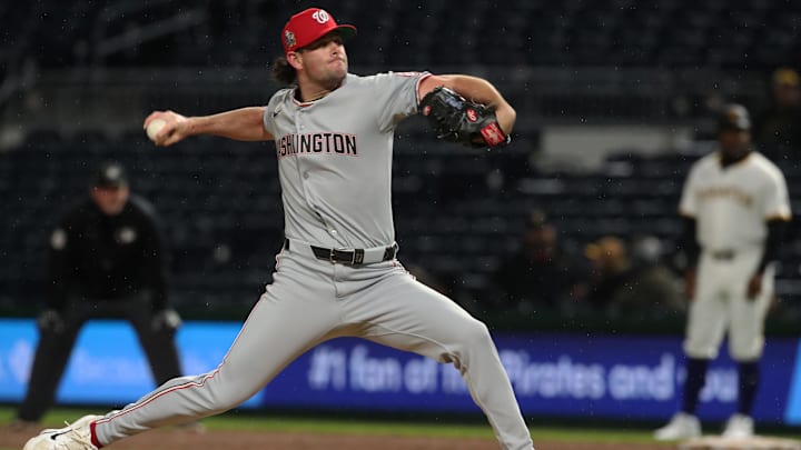 Apr 15, 2025; Pittsburgh, Pennsylvania, USA; Washington Nationals relief pitcher Kyle Finnegan (67) pitches against the Pittsburgh Pirates during the ninth inning at PNC Park. Apr 15, 2025; Pittsburgh, Pennsylvania, USA; Washington Nationals relief pitcher Kyle Finnegan (67) pitches against the Pittsburgh Pirates during the ninth inning at PNC Park.