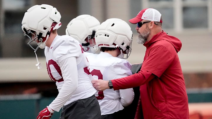 Mar 5, 2025; Tuscaloosa, AL, USA; Linebackers coach Chuck Morrell works with players during Spring Practice for the Crimson Tide.