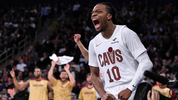 Oct 28, 2024; New York, New York, USA; Cleveland Cavaliers guard Darius Garland (10) reacts during the second half against the New York Knicks at Madison Square Garden. Mandatory Credit: John Jones-Imagn Images