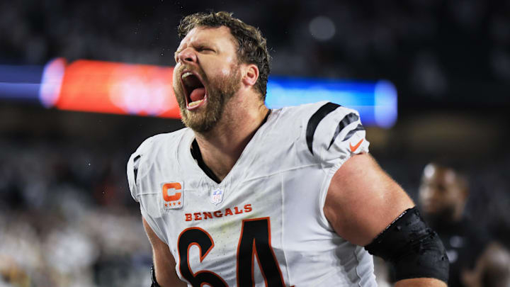 Oct 16, 2025; Cincinnati, Ohio, USA; Cincinnati Bengals center Ted Karras (64) reacts after Cincinnati defeated the Pittsburgh Steelers on a late-game field goal by placekicker Evan McPherson (2) (not pictured) during the fourth quarter at Paycor Stadium. Mandatory Credit: Katie Stratman-Imagn Images