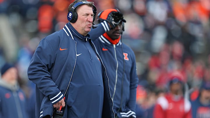 Nov 23, 2024; Piscataway, New Jersey, USA; Illinois Fighting Illini head coach Bret Bielema looks on during the second half against the Rutgers Scarlet Knights at SHI Stadium. Mandatory Credit: Vincent Carchietta-Imagn Images