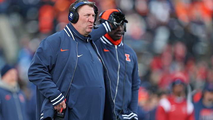 Nov 23, 2024; Piscataway, New Jersey, USA; Illinois Fighting Illini head coach Bret Bielema looks on during the second half against the Rutgers Scarlet Knights at SHI Stadium. Mandatory Credit: Vincent Carchietta-Imagn Images