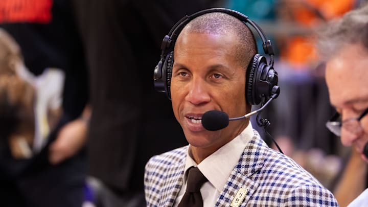 Nov 26, 2024; Phoenix, Arizona, USA; NBA on TNT television analyst Reggie Miller during the Los Angeles Lakers against the Phoenix Suns during an NBA Cup game at Footprint Center. Mandatory Credit: Mark J. Rebilas-Imagn Images