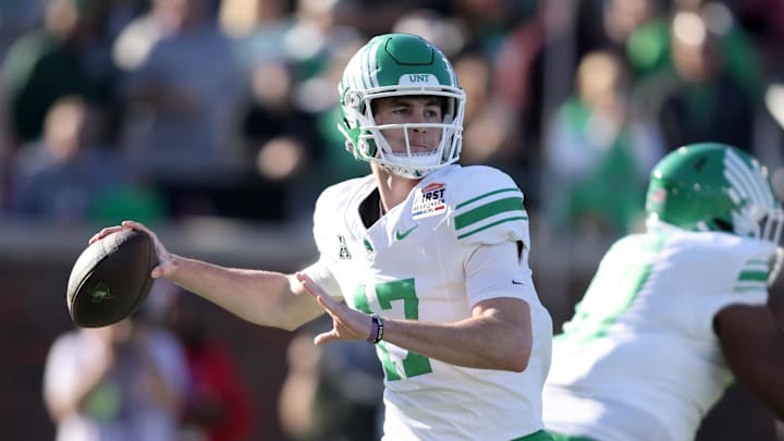 Jan 3, 2025; Dallas, TX, USA; North Texas Mean Green quarterback Drew Mestemaker (17) throws a pass during the first quarter against the Texas State Bobcats at Gerald J. Ford Stadium. Mandatory Credit: Tim Heitman-Imagn Images