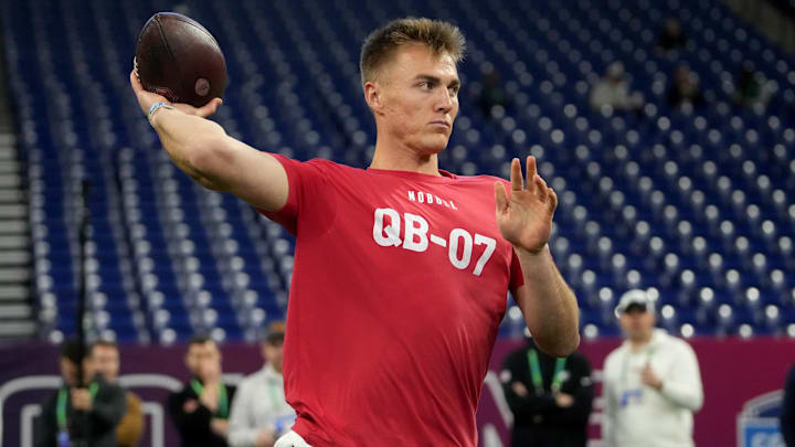 Mar 2, 2024; Indianapolis, IN, USA; Oregon quarterback Bo Nix (QB07) during the 2024 NFL Combine at Lucas Oil Stadium. 