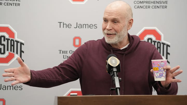 It was all smiles for Ohio State football defensive coordinator Jim Knowles as he spoke with the media Tuesday, January 14, 2025 in the Woody Hayes Athletic Facility. It was all smiles for Ohio State football defensive coordinator Jim Knowles as he spoke with the media Tuesday, January 14, 2025 in the Woody Hayes Athletic Facility.