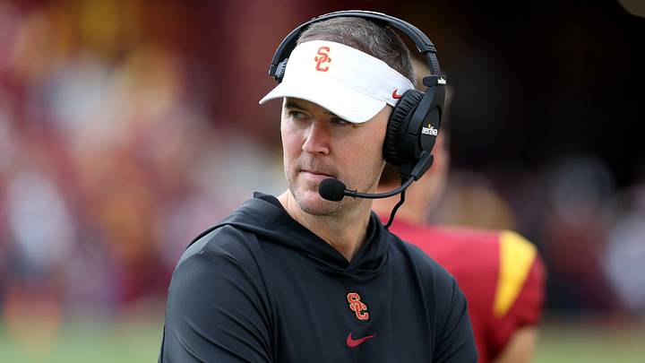 Nov 18, 2023; Los Angeles, California, USA; USC Trojans head coach Lincoln Riley during the first quarter at United Airlines Field at Los Angeles Memorial Coliseum. Mandatory Credit: Jason Parkhurst-USA TODAY Sports Nov 18, 2023; Los Angeles, California, USA; USC Trojans head coach Lincoln Riley during the first quarter at United Airlines Field at Los Angeles Memorial Coliseum. Mandatory Credit: Jason Parkhurst-USA TODAY Sports