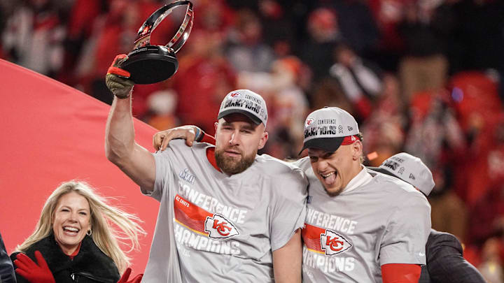 Kansas City Chiefs quarterback Patrick Mahomes (15) and Travis Kelce.