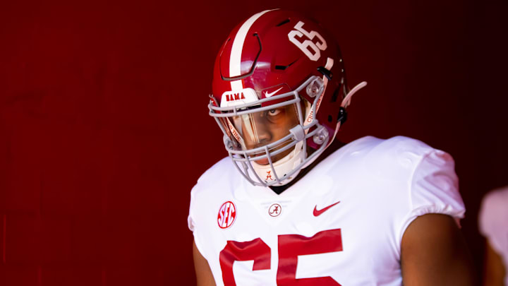 Sep 18, 2021; Gainesville, Florida, USA; Alabama Crimson Tide defensive lineman JC Latham (65)