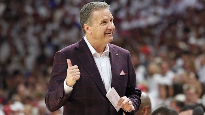 Jan 31, 2026; Fayetteville, Arkansas, USA; Arkansas Razorbacks head coach John Calipari during the first half against the Kentucky Wildcats at Bud Walton Arena. Mandatory Credit: Nelson Chenault-Imagn Images
