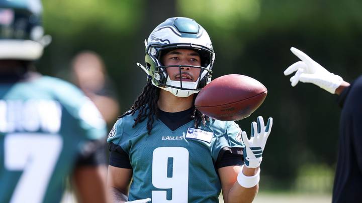 May 1, 2026; Philadelphia, PA, USA; Philadelphia Eagles wide receiver Makai Lemon (9) during rookie minicamp at NovaCare Complex. Mandatory Credit: Bill Streicher-Imagn Images