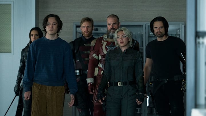 Ghost (Hannah John-Kamen), Bob (Lewis Pullman), John Walker (Wyatt Russell), Alexei Shostakov/Red Guardian (David Harbour), Yelena Belova (Florence Pugh) and Bucky Barnes (Sebastian Stan)in Marvel Studios' THUNDERBOLTS*. Photo by Chuck Zlotnick. © 2025 MARVEL.