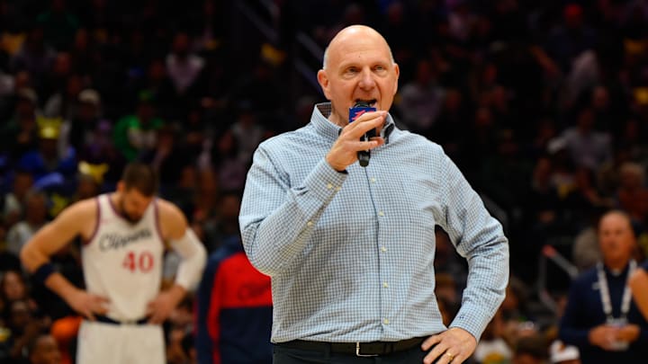 Oct 11, 2024; Seattle, Washington, USA; Los Angeles Clippers owner Steve Ballmer speaks to the crowd before the game between the Los Angeles Clippers and the Portland Trail Blazers at Climate Pledge Arena. Oct 11, 2024; Seattle, Washington, USA; Los Angeles Clippers owner Steve Ballmer speaks to the crowd before the game between the Los Angeles Clippers and the Portland Trail Blazers at Climate Pledge Arena.