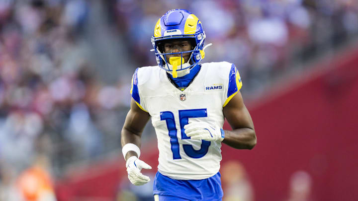 Dec 7, 2025; Glendale, Arizona, USA; Los Angeles Rams wide receiver Konata Mumpfield (15) against the Arizona Cardinals at State Farm Stadium. Mandatory Credit: Mark J. Rebilas-Imagn Images
