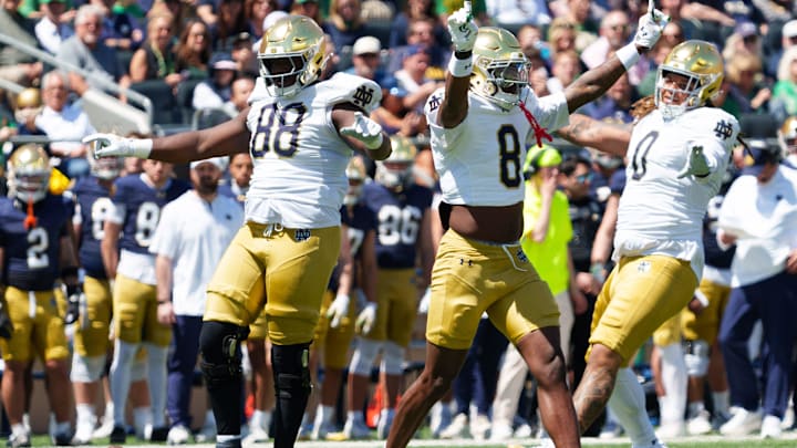 Notre Dame safety Adon Shuler (8) celebrates breaking up a pass during the Blue-Gold spring game at Notre Dame Stadium on Saturday, April 25, 2026, in South Bend.
